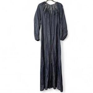 Women's Blue Maxi Pants Jumpsuit with Puffy Sleeves and Silver Hoop Nexk